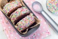 Homemade ice cream sandwich with chocolate chip cookie, watermelon ice cream,  covered with colorful sprinkles, horizontal, top Royalty Free Stock Photo