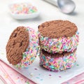 Homemade ice cream sandwich with chocolate chip cookie, watermelon ice cream, covered with colorful sprinkles, on white plate, Royalty Free Stock Photo