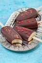 Homemade ice cream on a stick with chocolate icing Royalty Free Stock Photo