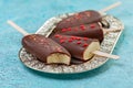 Homemade ice cream on a stick in dark chocolate icing Royalty Free Stock Photo