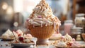 Homemade ice cream sundae, a sweet indulgence on summer table generated by AI