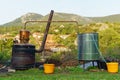 Homemade illegal distillery on the farm ready for cooking domestic brandy vodka Rakija whiskey the traditional way of making