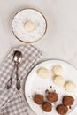 Homemade Indian round vegetarian sweets. Coconut and cocoa balls in a white bowl with coconut shavings Royalty Free Stock Photo