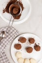 Homemade Indian round vegetarian sweets. Coconut and cocoa balls in a white bowl with cocoa. Royalty Free Stock Photo