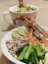 homemade instant noodle with minced pork, kale, shrimp Royalty Free Stock Photo