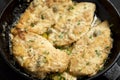 Homemade Italian Chicken Piccata in a cast iron pan on a black background, low angle view. Close-up Royalty Free Stock Photo