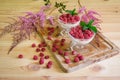 Homemade  italian dessert panna cotta with fresh raspberry in ice cream glass bowls on wooden table. Selective focus Royalty Free Stock Photo