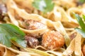 Homemade Italian fettuccine pasta with mushrooms and cream sauce - Fettuccine al Funghi Porcini. Traditional Italian