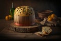 Homemade Italian panettone on rustic wooden table. Traditional Christmas cake with candied fruits. AI generated