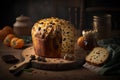 Homemade Italian panettone on rustic wooden table. Traditional Christmas cake with candied fruits. AI generated
