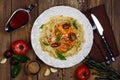 Homemade italian pasta with tomato sauce, chicken, and basil Royalty Free Stock Photo