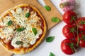 Homemade Italian pizza Napoletana with fresh tomato and garlic sauce, mozzarella cheese and basil leaves Royalty Free Stock Photo