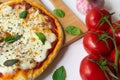Homemade Italian pizza Napoletana with fresh tomato and garlic sauce, mozzarella cheese and basil leaves Royalty Free Stock Photo