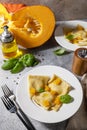 Homemade Italian pumpkin ricotta ravioli on a gray stone tabletop Royalty Free Stock Photo