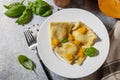 Homemade Italian pumpkin ricotta ravioli on a gray stone tabletop. Top view flat lay background Royalty Free Stock Photo