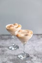 Homemade Italian sweet tiramisu cake dessert in glass on grey background. Copy space Royalty Free Stock Photo