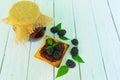 Homemade jam in the bank with blackberries. Jam in a jar and fresh berries of fresh blackberry on a white wooden table. Royalty Free Stock Photo