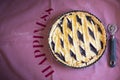Homemade jam pie on pink cloth with the word