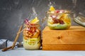 Homemade jar zucchini pasta with tofu, beans and vegetables. Royalty Free Stock Photo