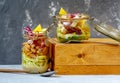 Homemade jar zucchini pasta with tofu, beans and vegetables. Royalty Free Stock Photo