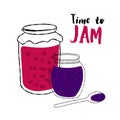 Homemade jars of jam illustration with text Time to Jam isolated on white background