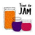 Homemade jars of jam illustration with text Time to Jam isolated on white background