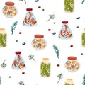 Homemade jars seamless pattern. Preserved vegetables, pickled cucumbers, mushrooms and peppers. Food print. Great for fabric, Royalty Free Stock Photo