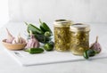 Homemade jars of sliced and preserved jalapeno peppers. Royalty Free Stock Photo