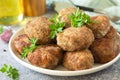 Homemade juicy delicious meat cutlets in plate close-up, meatballs from minced meat