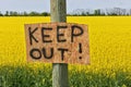 Homemade Keep Out Signs Posted at Edge of Canola Field to Warn Trespassers to Stay Out