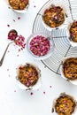 Homemade Keto morning glory muffins garnished with edible rose petals. Royalty Free Stock Photo