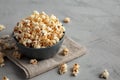 Homemade Kettle Corn Popcorn with Salt in a Bowl, side view. Copy space Royalty Free Stock Photo