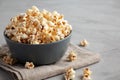 Homemade Kettle Corn Popcorn with Salt in a Bowl, side view. Space for text Royalty Free Stock Photo