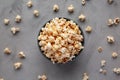 Homemade Kettle Corn Popcorn with Salt in a Bowl, top view. Flat lay, overhead, from above