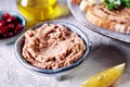 Homemade kidney bean liverwurst pate in a small ceramic bowl placed on a table Royalty Free Stock Photo