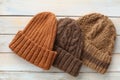 Homemade knitted hats. Top view