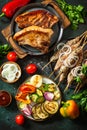 Homemade Kofta kebabs, grilled steak and grilled vegetables on a skewer with vegetables and sauce. Royalty Free Stock Photo