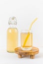 Homemade kombucha fermented drink in glass and bottle on white background. Heathy probiotic beverage