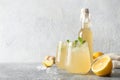 Homemade Kombucha healthy tasty drink in bottle and glass with lemon garnish mint.