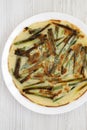 Homemade korean Pajeon scallion pancake on a white plate on a white wooden background, top view. Asian food. Close-up Royalty Free Stock Photo