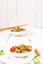 Homemade kung pao chicken with peppers and vegetables. Royalty Free Stock Photo