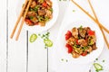 Homemade kung pao chicken with peppers and vegetables. Royalty Free Stock Photo