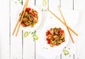 Homemade kung pao chicken with peppers and vegetables. Royalty Free Stock Photo