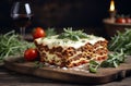 Homemade lasagna with minced beef bolognese and bechamel sauce topped with tomato, parmesan cheese Royalty Free Stock Photo