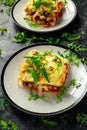 Homemade lasagna with minced beef bolognese and bechamel sauce topped wild arugula, parmesan cheese Royalty Free Stock Photo