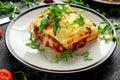 Homemade lasagna with minced beef bolognese and bechamel sauce topped wild arugula, parmesan cheese Royalty Free Stock Photo