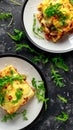 Homemade lasagna with minced beef bolognese and bechamel sauce topped wild arugula, parmesan cheese Royalty Free Stock Photo