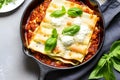 Homemade lasagna with minced beef bolognese and bechamel sauce topped wild arugula, parmesan cheese. Generative AI Royalty Free Stock Photo