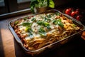 Homemade lasagna with minced meat, tomatoes and basil on wooden table, A family-sized lasagna coming out of the oven, AI Generated Royalty Free Stock Photo