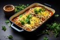 Homemade lasagna ready to eat in metal baking tray served with basil leaves, tomatoes, and turquoise tablecloth on brown wooden